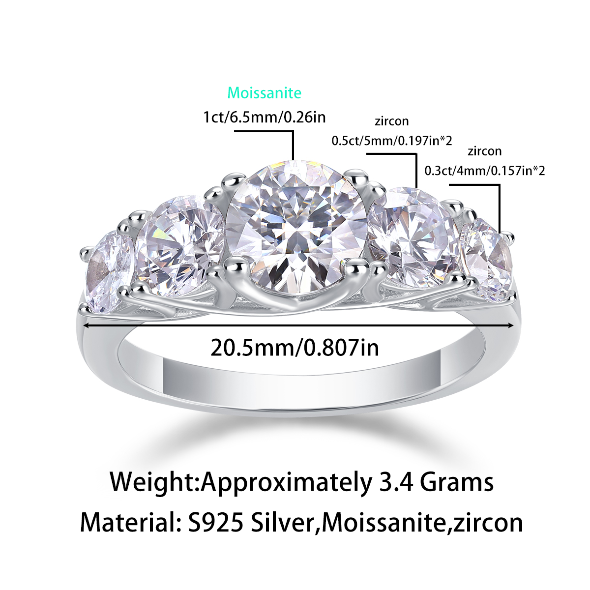 Moissanite Ring in S925 Sterling Silver, No. 10013