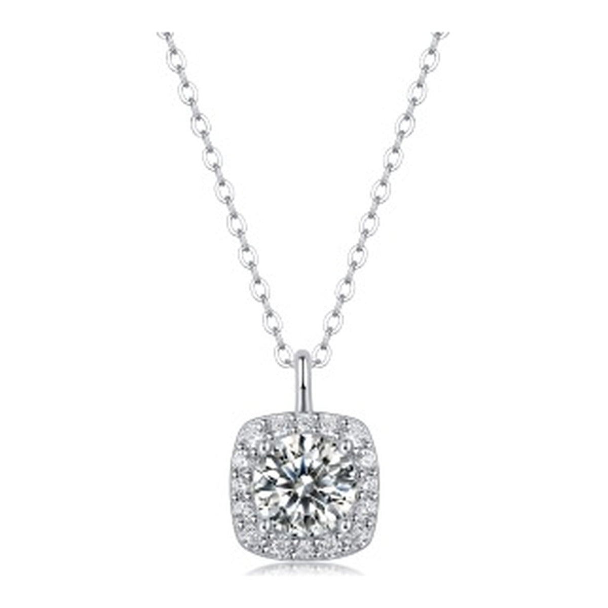 Cushion 1 Carat Moissanite Halo Pendant Necklace in Sterling Silver, No. 11816