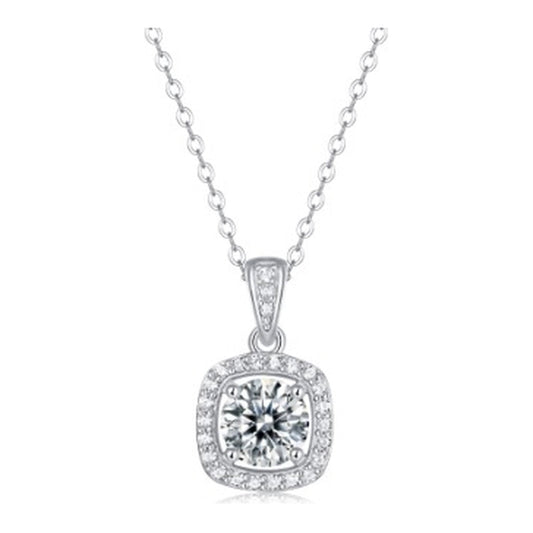 Cushion Drop 1 Carat Moissanite Halo Necklace in Sterling Silver, No. 11819